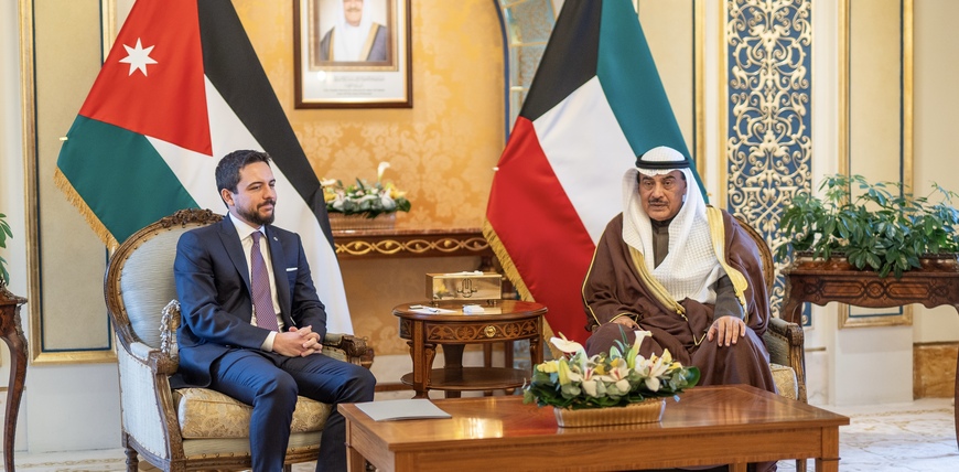 HRH Crown Prince Hussein holds talks with Kuwait Crown Prince Sheikh Sabah Khaled Al Hamad Al Mubarak Al Sabah, at Bayan Palace, and expresses pride in the strong ties between Jordan and Kuwait, and keenness to expand prospects for cooperation in various fields, particularly in economic sectors  (Photo courtesy of Royal Court)